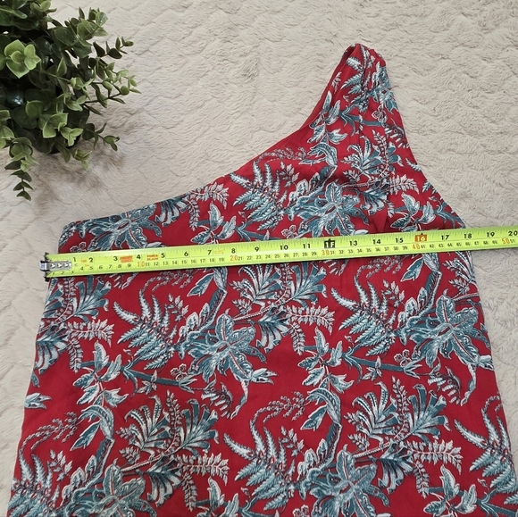 LOFT Red and Blue Floral One-Shoulder Short Shift Dress, Size Medium - Picture 3 of 7